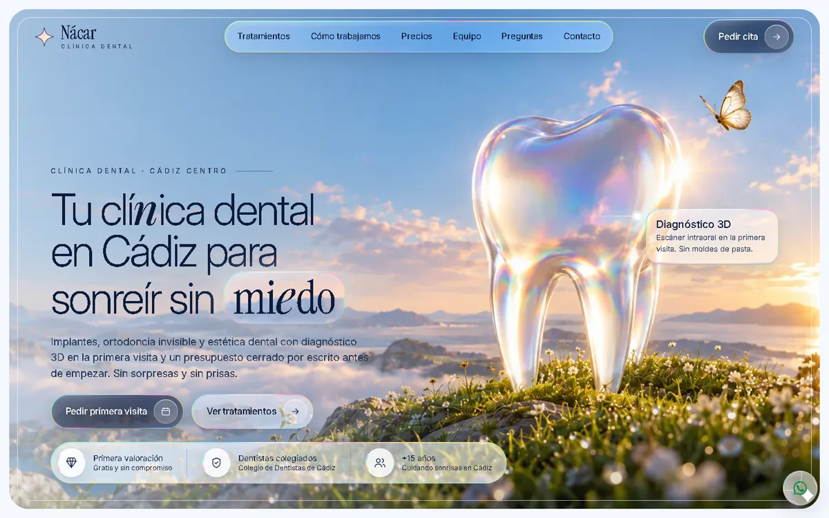 Web de una clínica dental: muela de cristal iridiscente sobre un prado al amanecer, con el titular «Tu clínica dental en Cádiz para sonreír sin miedo»
