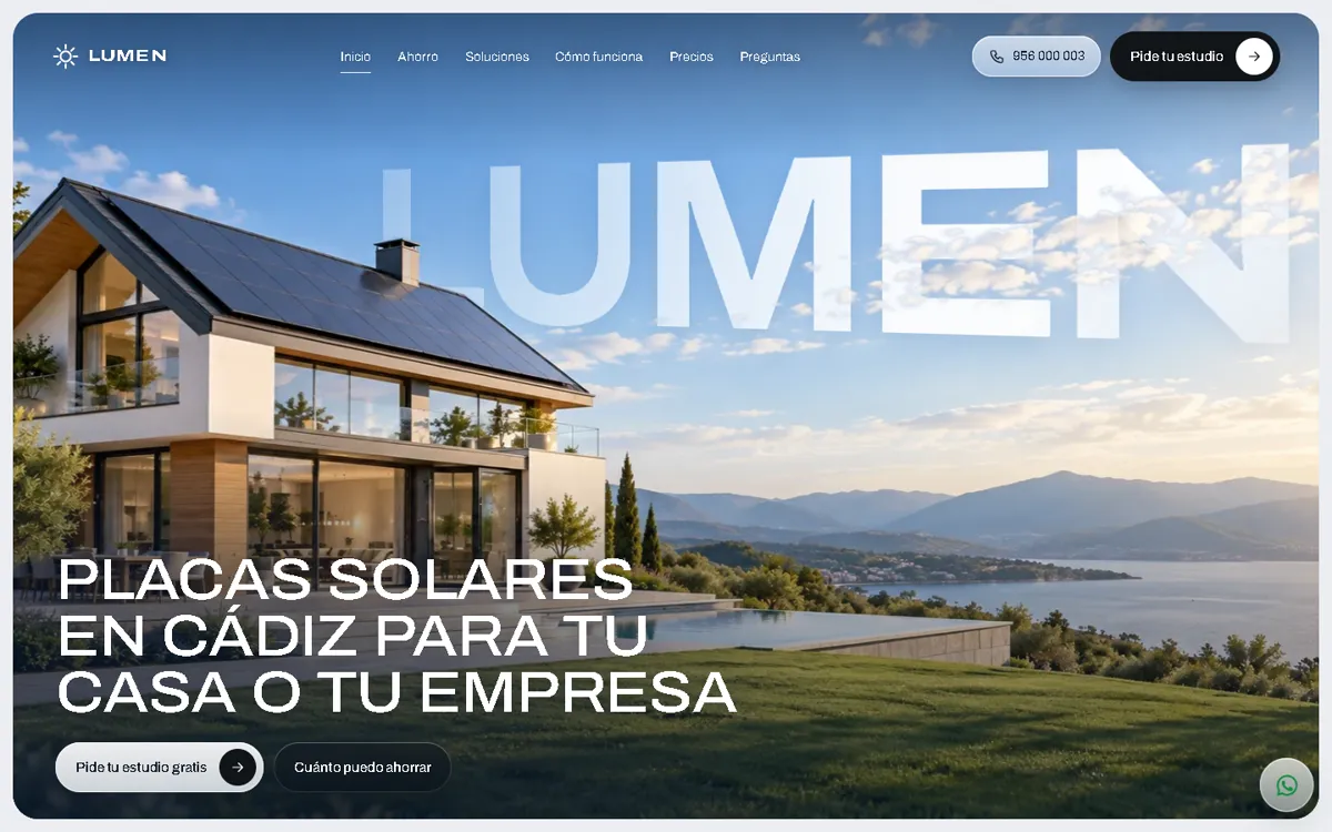 Web de una empresa de placas solares: casa moderna con paneles en el tejado y el nombre entre las nubes